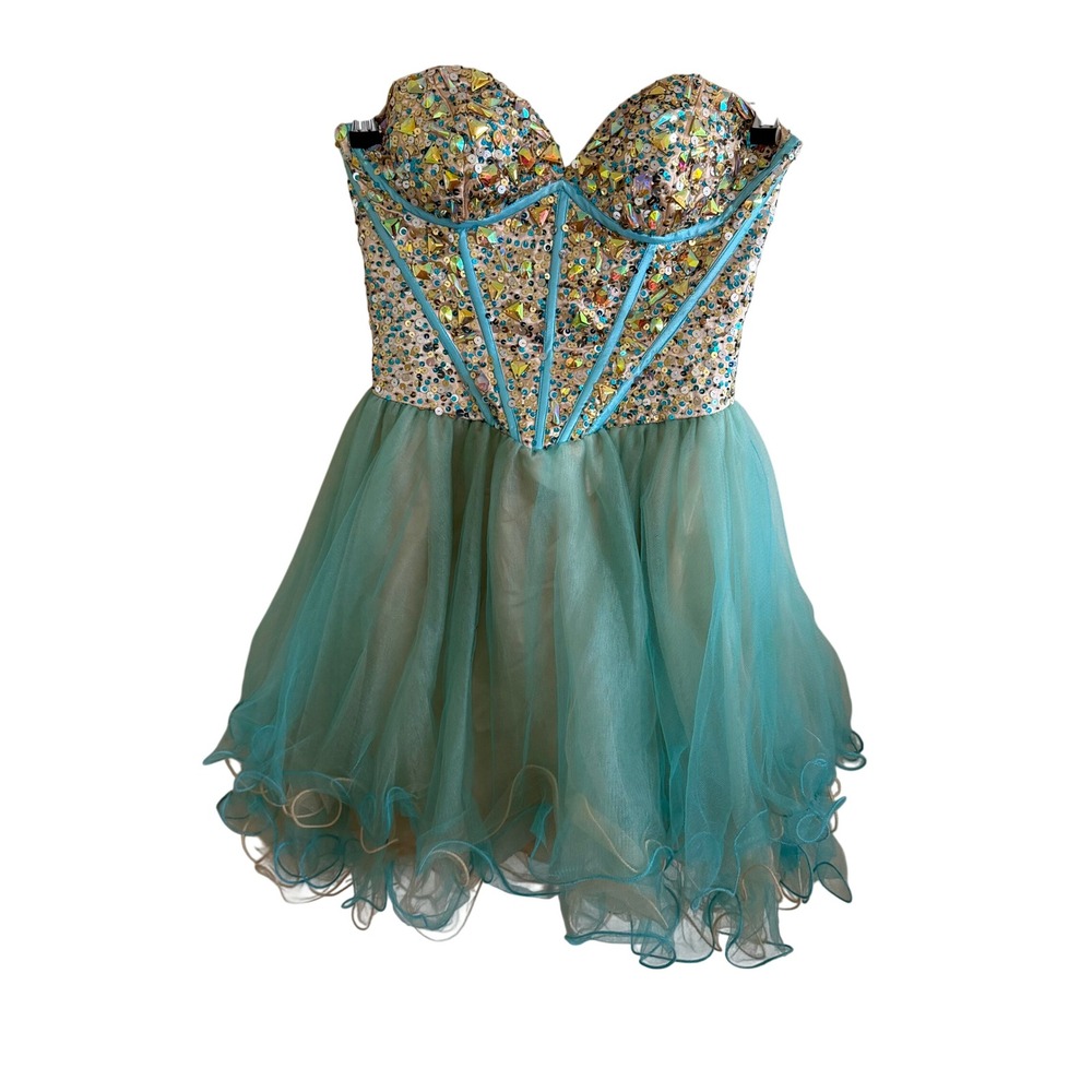 May Queen Couture Teal Sequin Corset Tulle Mini Dress Size 6 Homecoming Prom